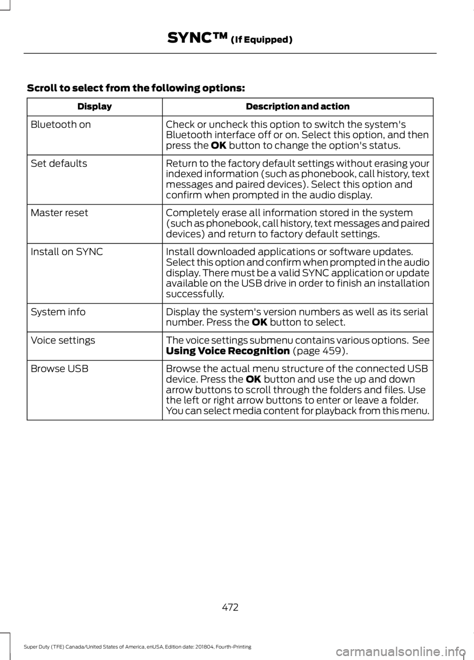 FORD SUPER DUTY 2019 Owners Manual Scroll to select from the following options:
Description and action
Display
Check or uncheck this option to switch the system's
Bluetooth interface off or on. Select this option, and then
press th FORD SUPER DUTY 2019 Owners Manual Scroll to select from the following options:
Description and action
Display
Check or uncheck this option to switch the system's
Bluetooth interface off or on. Select this option, and then
press th