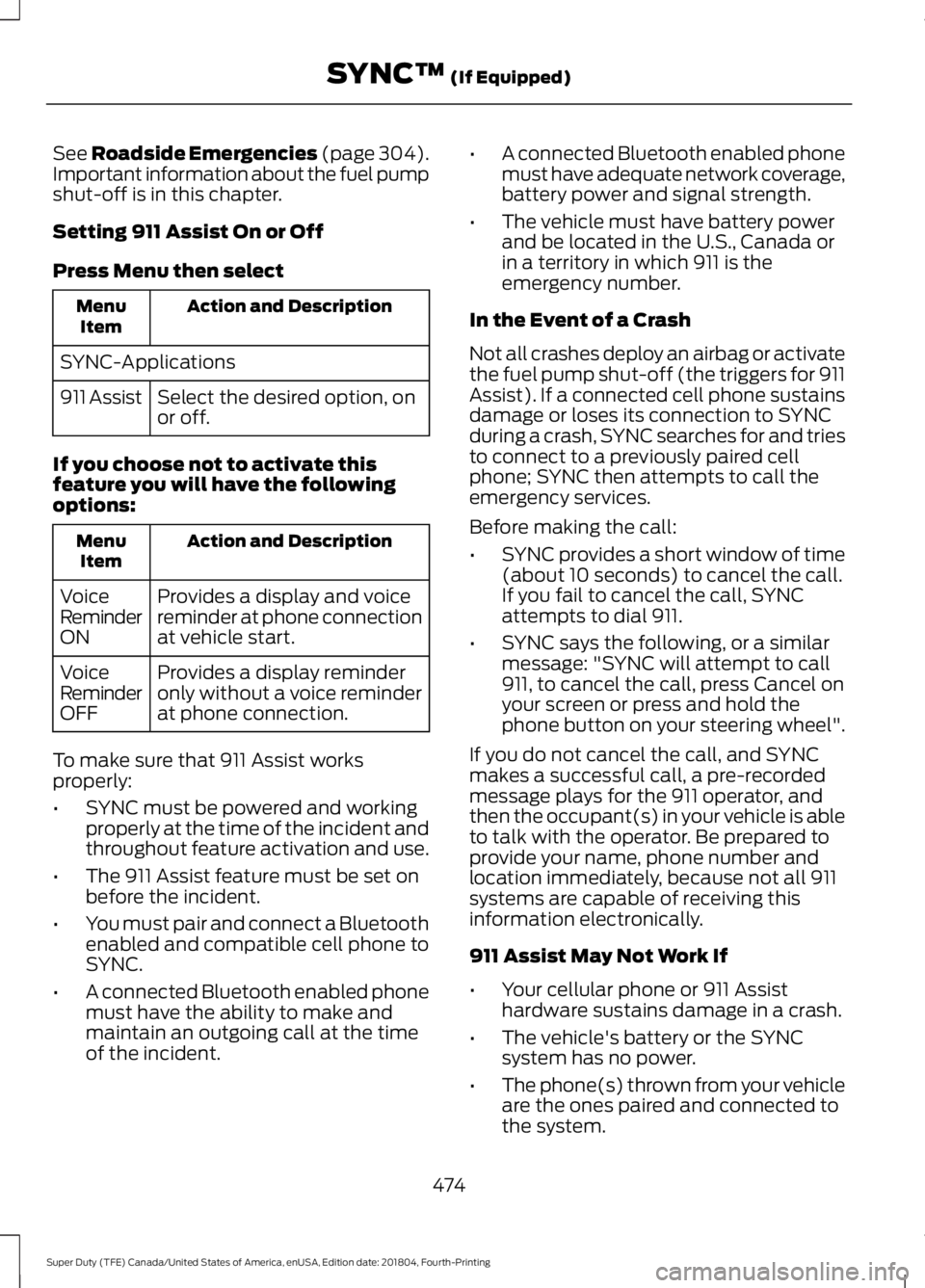 FORD SUPER DUTY 2019 Owners Manual See Roadside Emergencies (page 304).
Important information about the fuel pump
shut-off is in this chapter.
Setting 911 Assist On or Off
Press Menu then select Action and Description
Menu
Item
SYNC-Ap FORD SUPER DUTY 2019 Owners Manual See Roadside Emergencies (page 304).
Important information about the fuel pump
shut-off is in this chapter.
Setting 911 Assist On or Off
Press Menu then select Action and Description
Menu
Item
SYNC-Ap