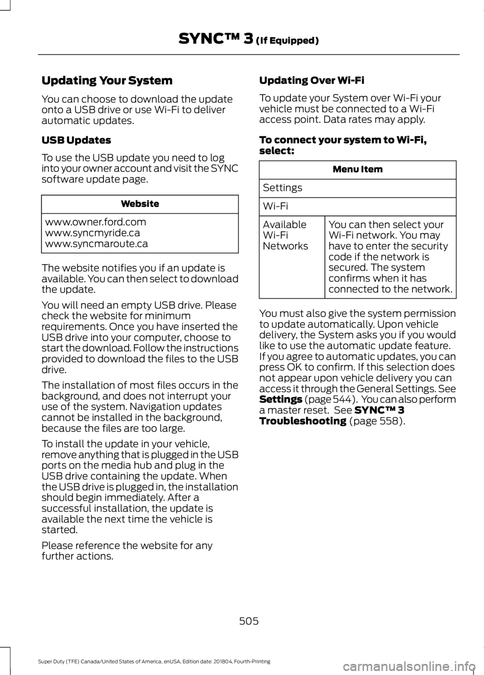 FORD SUPER DUTY 2019 Owners Manual Updating Your System
You can choose to download the update
onto a USB drive or use Wi-Fi to deliver
automatic updates.
USB Updates
To use the USB update you need to log
into your owner account and vis FORD SUPER DUTY 2019 Owners Manual Updating Your System
You can choose to download the update
onto a USB drive or use Wi-Fi to deliver
automatic updates.
USB Updates
To use the USB update you need to log
into your owner account and vis