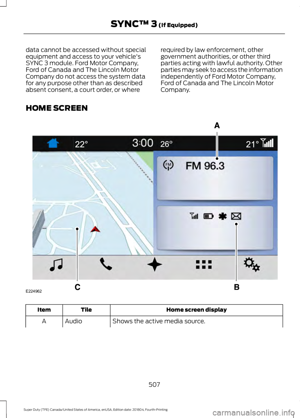 FORD SUPER DUTY 2019  Owners Manual data cannot be accessed without special
equipment and access to your vehicle's
SYNC 3 module. Ford Motor Company,
Ford of Canada and The Lincoln Motor
Company do not access the system data
for any
