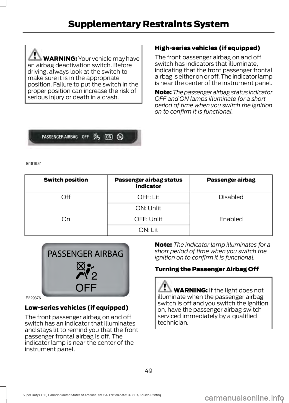 FORD SUPER DUTY 2019 Owners Manual WARNING: Your vehicle may have
an airbag deactivation switch. Before
driving, always look at the switch to
make sure it is in the appropriate
position. Failure to put the switch in the
proper position FORD SUPER DUTY 2019 Owners Manual WARNING: Your vehicle may have
an airbag deactivation switch. Before
driving, always look at the switch to
make sure it is in the appropriate
position. Failure to put the switch in the
proper position