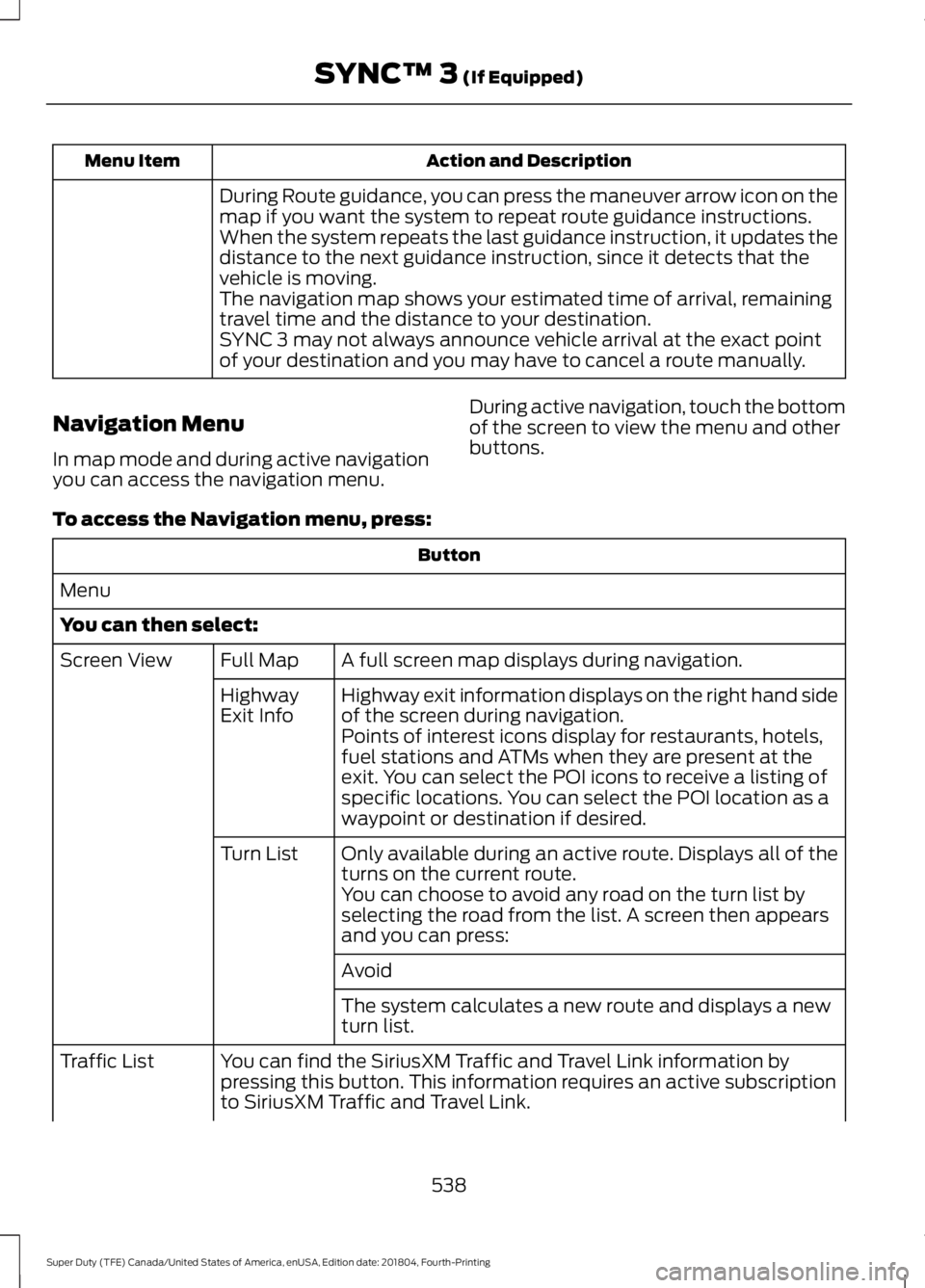 FORD SUPER DUTY 2019 Owners Manual Action and Description
Menu Item
During Route guidance, you can press the maneuver arrow icon on the
map if you want the system to repeat route guidance instructions.
When the system repeats the last FORD SUPER DUTY 2019 Owners Manual Action and Description
Menu Item
During Route guidance, you can press the maneuver arrow icon on the
map if you want the system to repeat route guidance instructions.
When the system repeats the last