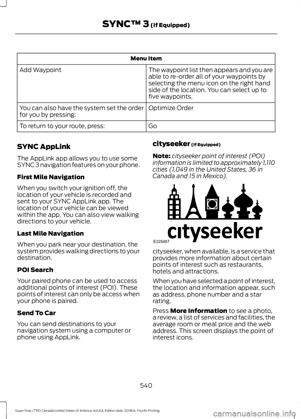 FORD SUPER DUTY 2019 Owners Manual Menu Item
The waypoint list then appears and you are
able to re-order all of your waypoints by
selecting the menu icon on the right hand
side of the location. You can select up to
five waypoints.
Add FORD SUPER DUTY 2019 Owners Manual Menu Item
The waypoint list then appears and you are
able to re-order all of your waypoints by
selecting the menu icon on the right hand
side of the location. You can select up to
five waypoints.
Add