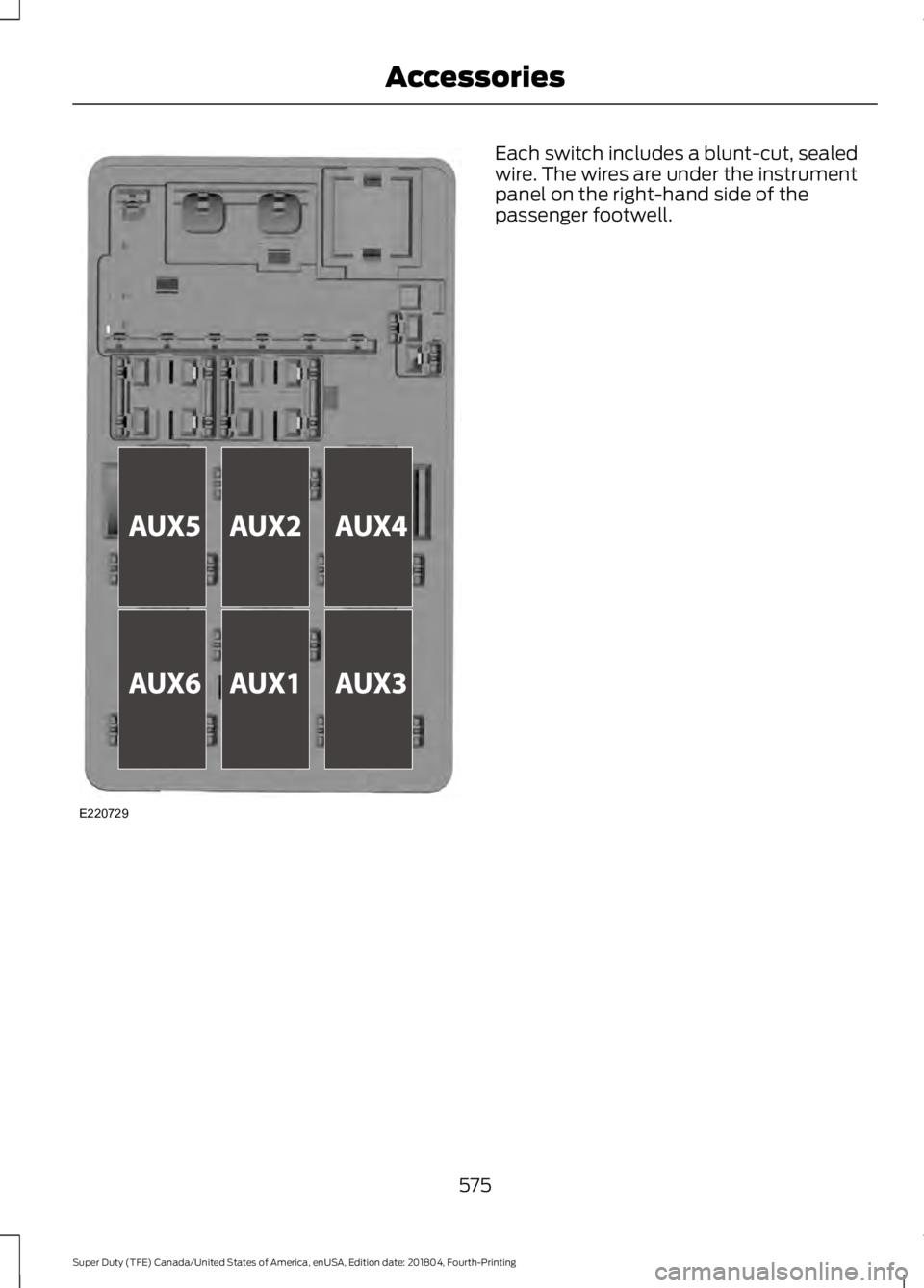 FORD SUPER DUTY 2019  Owners Manual Each switch includes a blunt-cut, sealed
wire. The wires are under the instrument
panel on the right-hand side of the
passenger footwell.
575
Super Duty (TFE) Canada/United States of America, enUSA, E