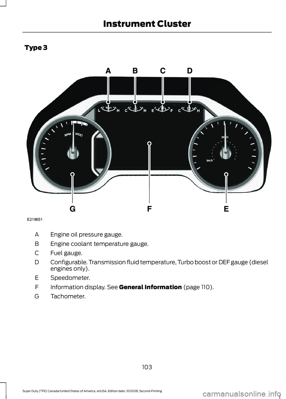 FORD SUPER DUTY 2021  Owners Manual Type 3
Engine oil pressure gauge.
A
Engine coolant temperature gauge.
B
Fuel gauge.
C
Configurable. Transmission fluid temperature, Turbo boost or DEF gauge (diesel
engines only).
D
Speedometer.
E
Inf