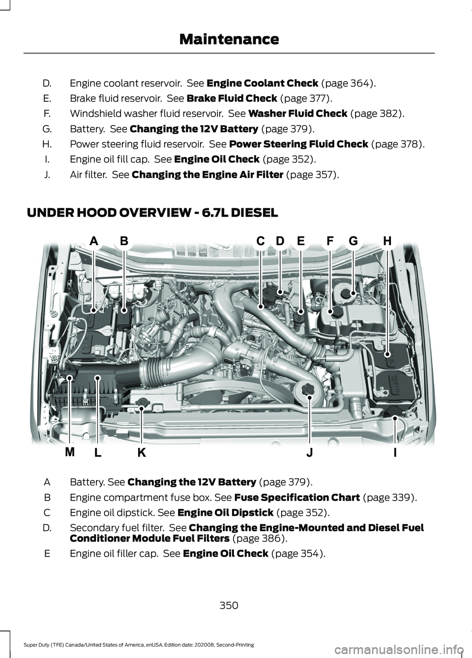 FORD SUPER DUTY 2021  Owners Manual Engine coolant reservoir.  See Engine Coolant Check (page 364).
D.
Brake fluid reservoir.  See 
Brake Fluid Check (page 377).
E.
Windshield washer fluid reservoir.  See 
Washer Fluid Check (page 382).