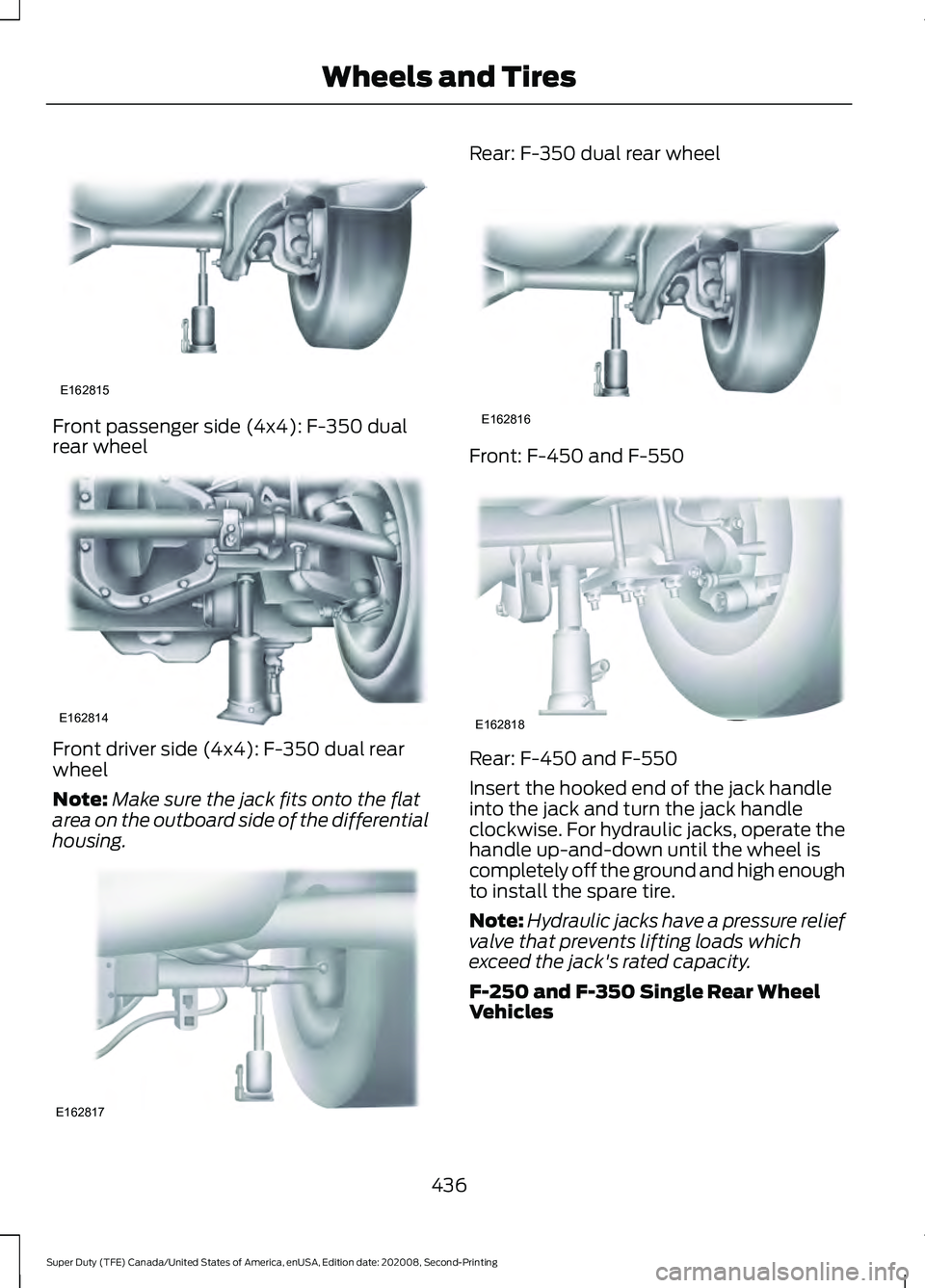 FORD SUPER DUTY 2021  Owners Manual Front passenger side (4x4): F-350 dual
rear wheel
Front driver side (4x4): F-350 dual rear
wheel
Note:
Make sure the jack fits onto the flat
area on the outboard side of the differential
housing. Rear