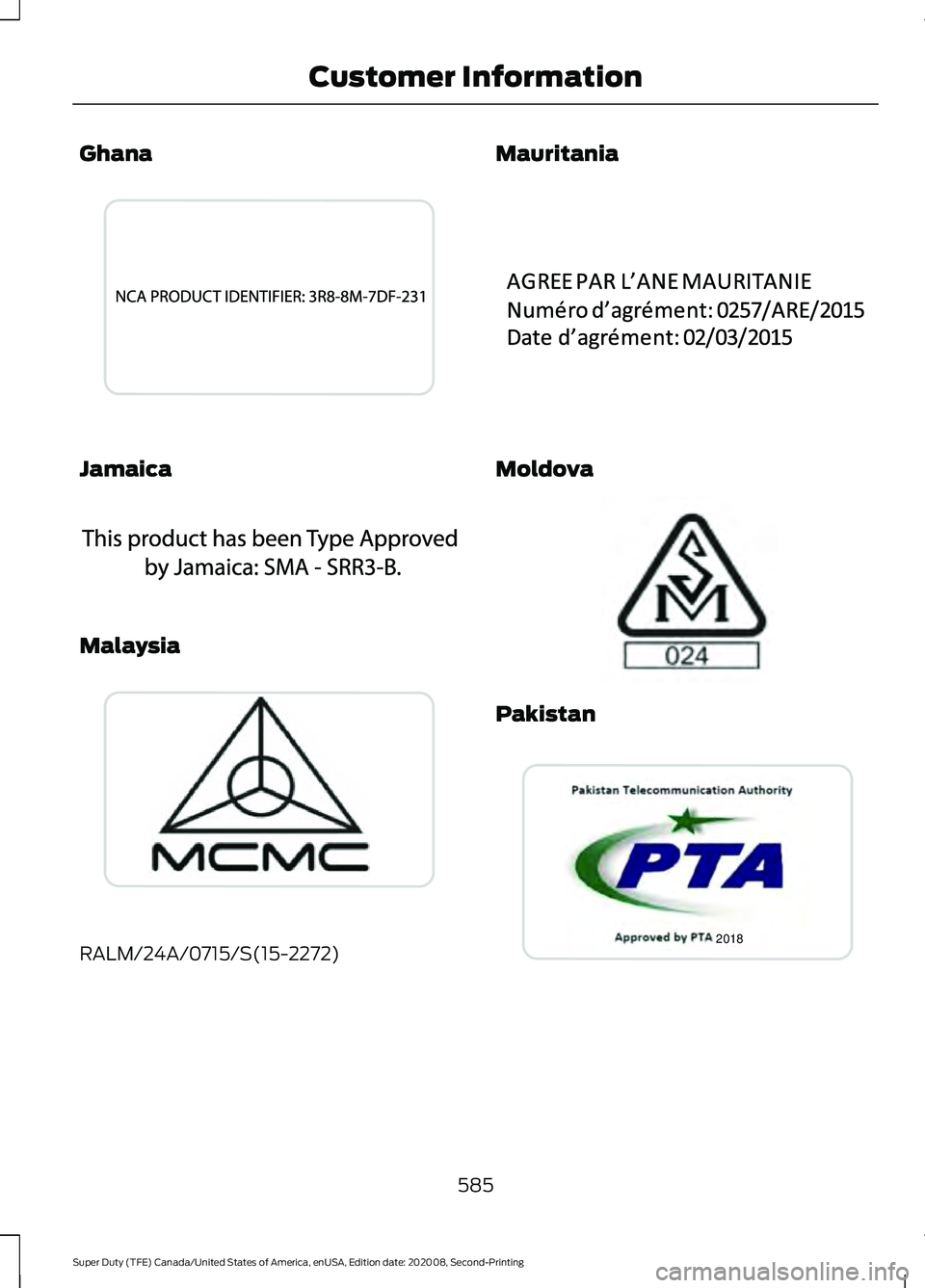 FORD SUPER DUTY 2021  Owners Manual Ghana
Jamaica
Malaysia
RALM/24A/0715/S(15-2272) Mauritania
Moldova
Pakistan
585
Super Duty (TFE) Canada/United States of America, enUSA, Edition date: 202008, Second-Printing Customer InformationE2696