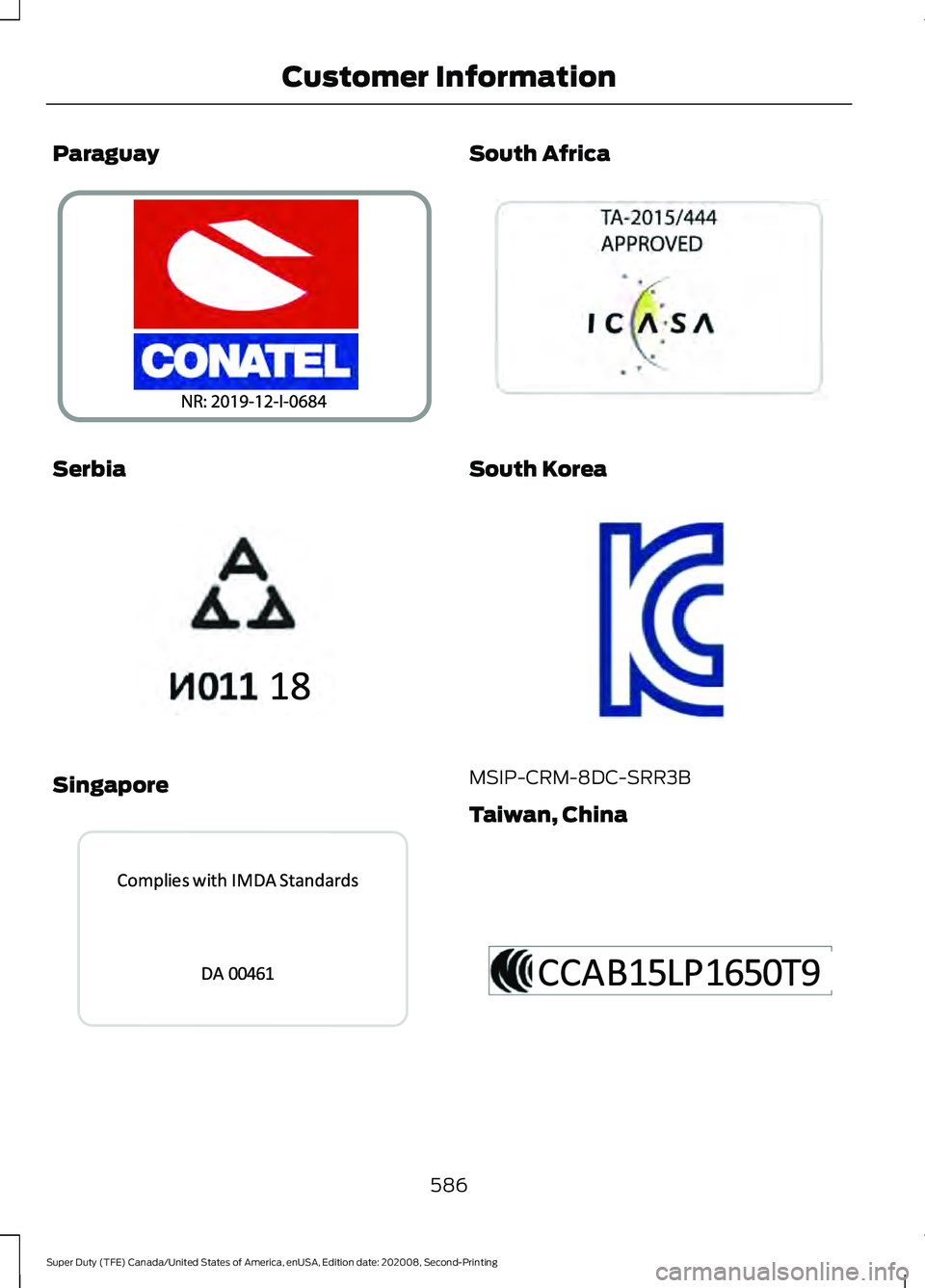 FORD SUPER DUTY 2021  Owners Manual Paraguay
Serbia
Singapore South Africa
South Korea
MSIP-CRM-8DC-SRR3B
Taiwan, China
586
Super Duty (TFE) Canada/United States of America, enUSA, Edition date: 202008, Second-Printing Customer Informat