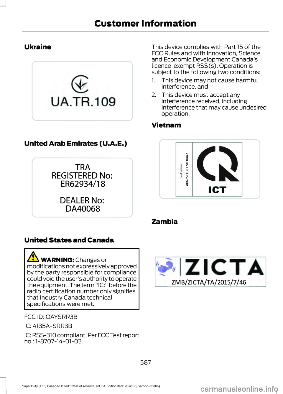 FORD SUPER DUTY 2021  Owners Manual Ukraine
United Arab Emirates (U.A.E.)
United States and Canada
WARNING: Changes or
modifications not expressively approved
by the party responsible for compliance
could void the user's authority t