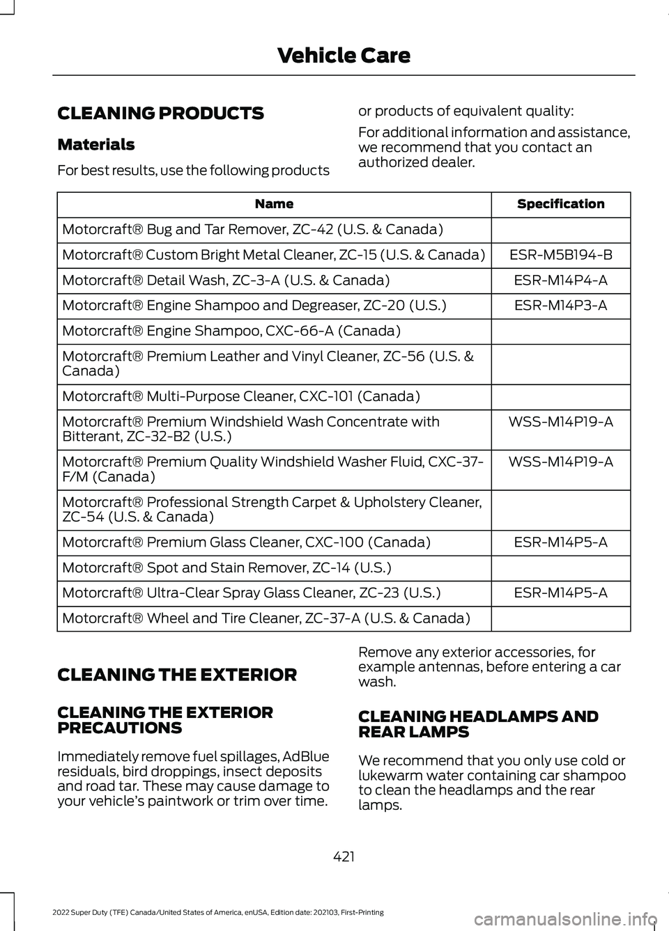 FORD SUPER DUTY 2022 Owners Manual CLEANING PRODUCTS
Materials
For best results, use the following products
or products of equivalent quality:
For additional information and assistance,
we recommend that you contact an
authorized deale FORD SUPER DUTY 2022 Owners Manual CLEANING PRODUCTS
Materials
For best results, use the following products
or products of equivalent quality:
For additional information and assistance,
we recommend that you contact an
authorized deale