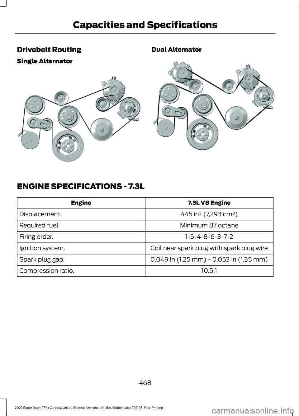 FORD SUPER DUTY 2022  Owners Manual Drivebelt Routing
Single Alternator Dual Alternator
ENGINE SPECIFICATIONS - 7.3L
7.3L V8 Engine
Engine
445 in³ (7,293 cm³)
Displacement.
Minimum 87 octane
Required fuel.
1-5-4-8-6-3-7-2
Firing order