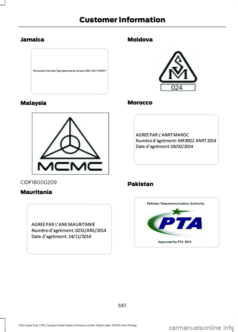 FORD SUPER DUTY 2022  Owners Manual Jamaica
Malaysia
CIDF18000209
Mauritania Moldova
Morocco
Pakistan
661
2022 Super Duty (TFE) Canada/United States of America, enUSA, Edition date: 202103, First-Printing Customer InformationE274067  E3