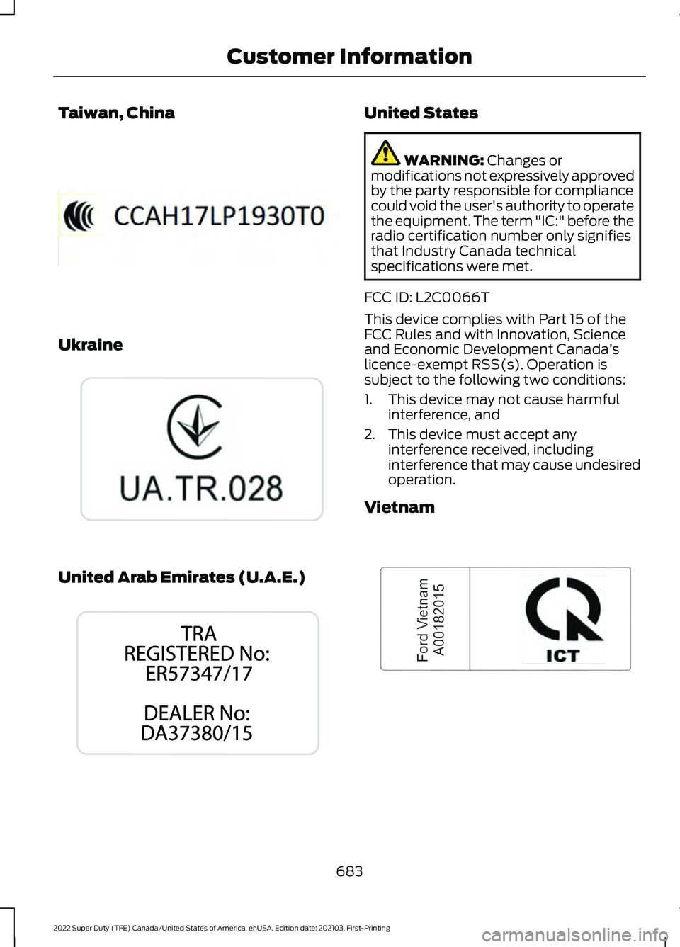 FORD SUPER DUTY 2022  Owners Manual Taiwan, China
Ukraine
United Arab Emirates (U.A.E.) United States
WARNING: Changes or
modifications not expressively approved
by the party responsible for compliance
could void the user's authorit