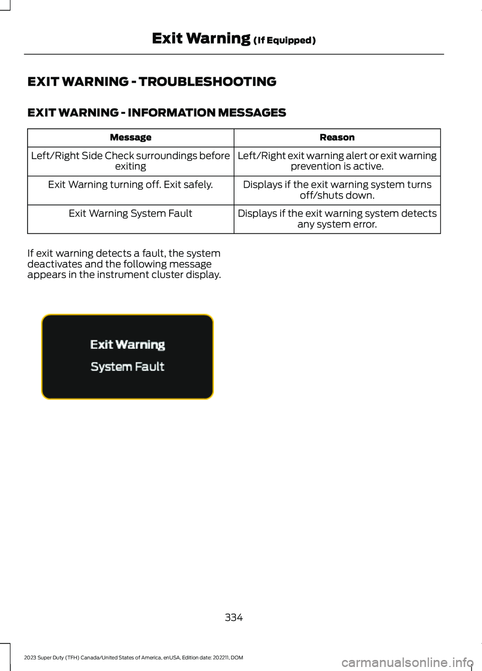 FORD SUPER DUTY 2023  Owners Manual EXIT WARNING - TROUBLESHOOTING
EXIT WARNING - INFORMATION MESSAGES
ReasonMessage
Left/Right exit warning alert or exit warningprevention is active.Left/Right Side Check surroundings beforeexiting
Disp