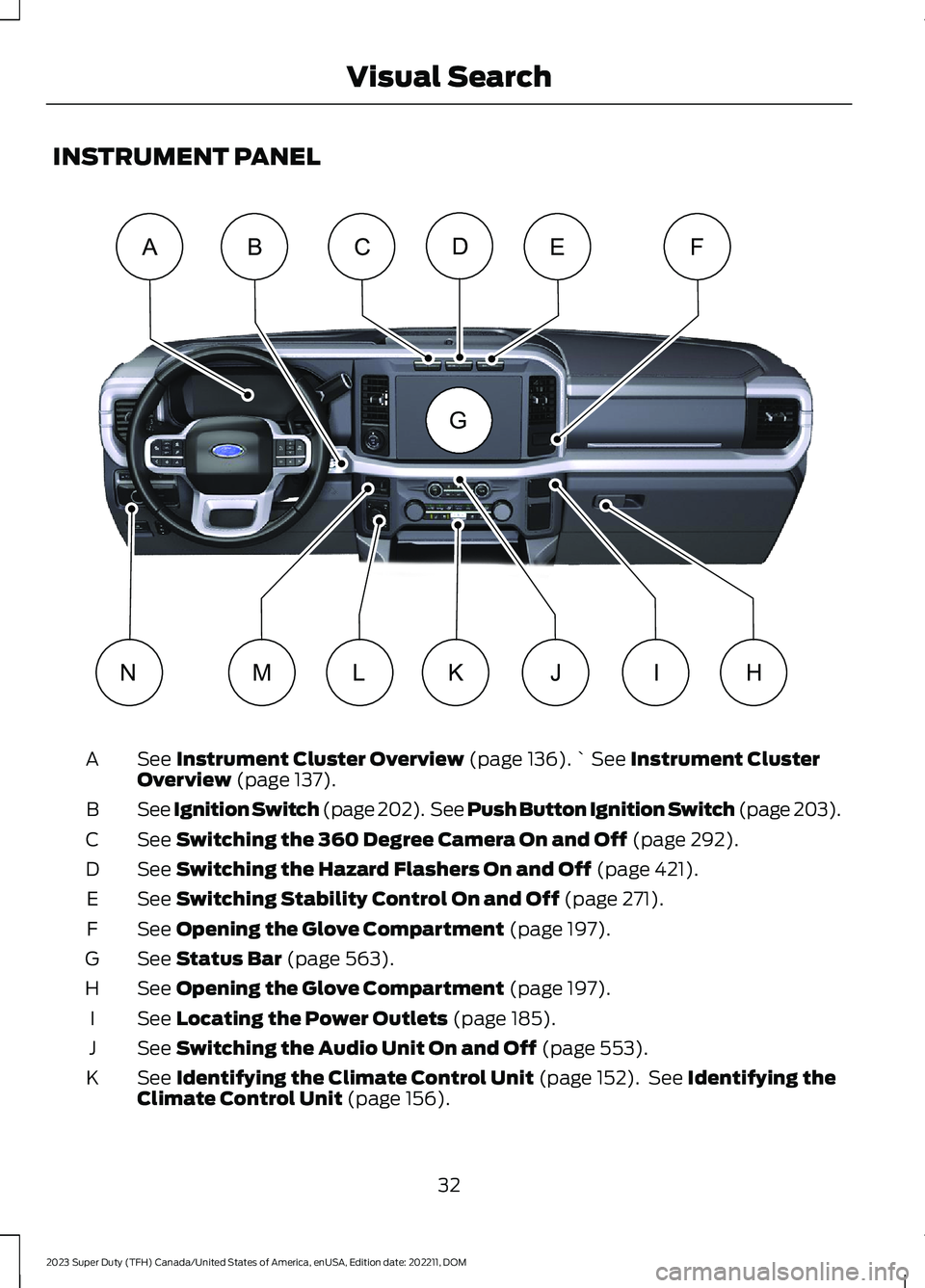 FORD SUPER DUTY 2023  Owners Manual INSTRUMENT PANEL
See Instrument Cluster Overview (page 136).` See Instrument ClusterOverview (page 137).A
See Ignition Switch (page 202). See Push Button Ignition Switch (page 203).B
See Switching the