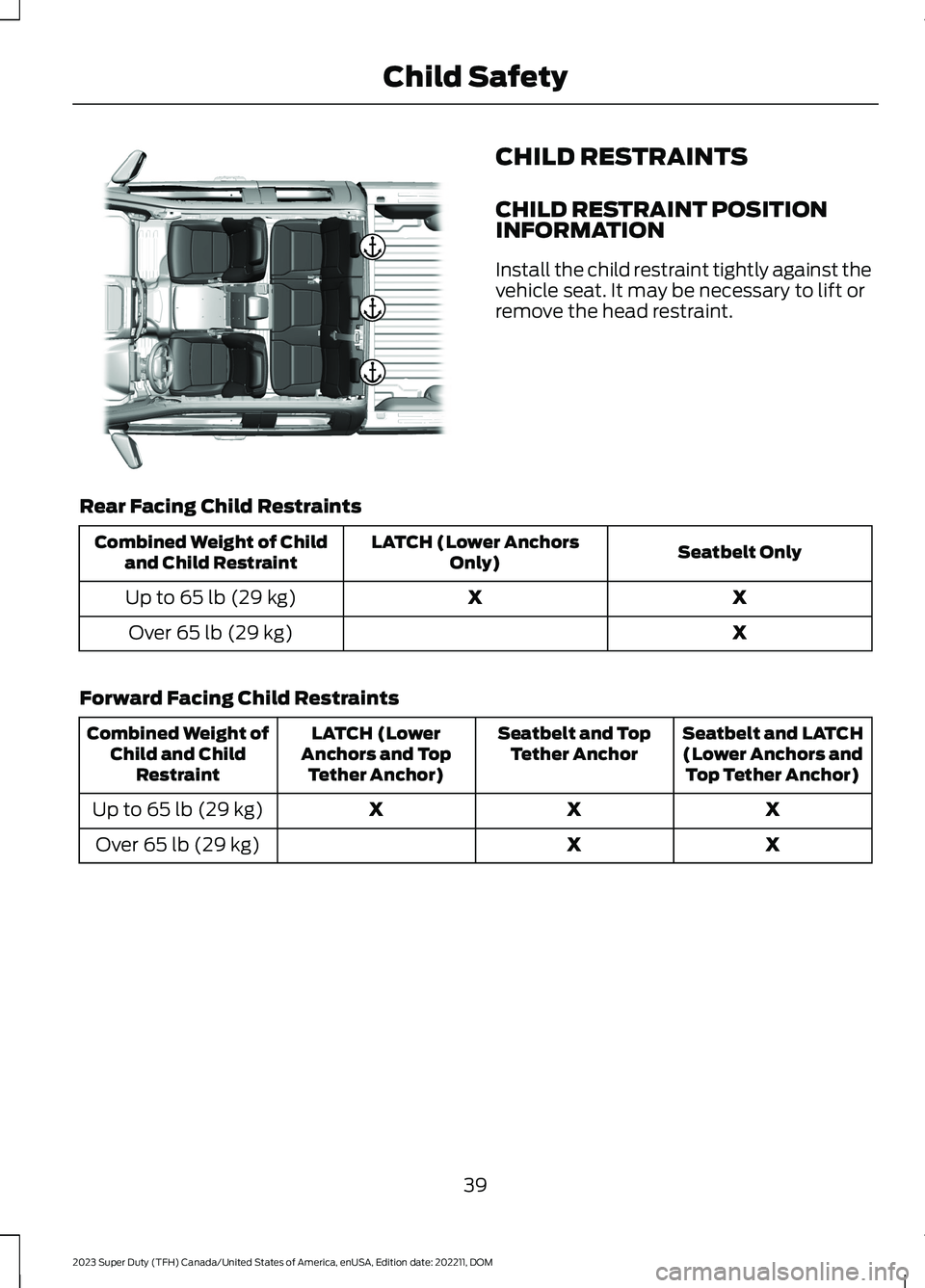 FORD SUPER DUTY 2023  Owners Manual CHILD RESTRAINTS
CHILD RESTRAINT POSITIONINFORMATION
Install the child restraint tightly against thevehicle seat. It may be necessary to lift orremove the head restraint.
Rear Facing Child Restraints
