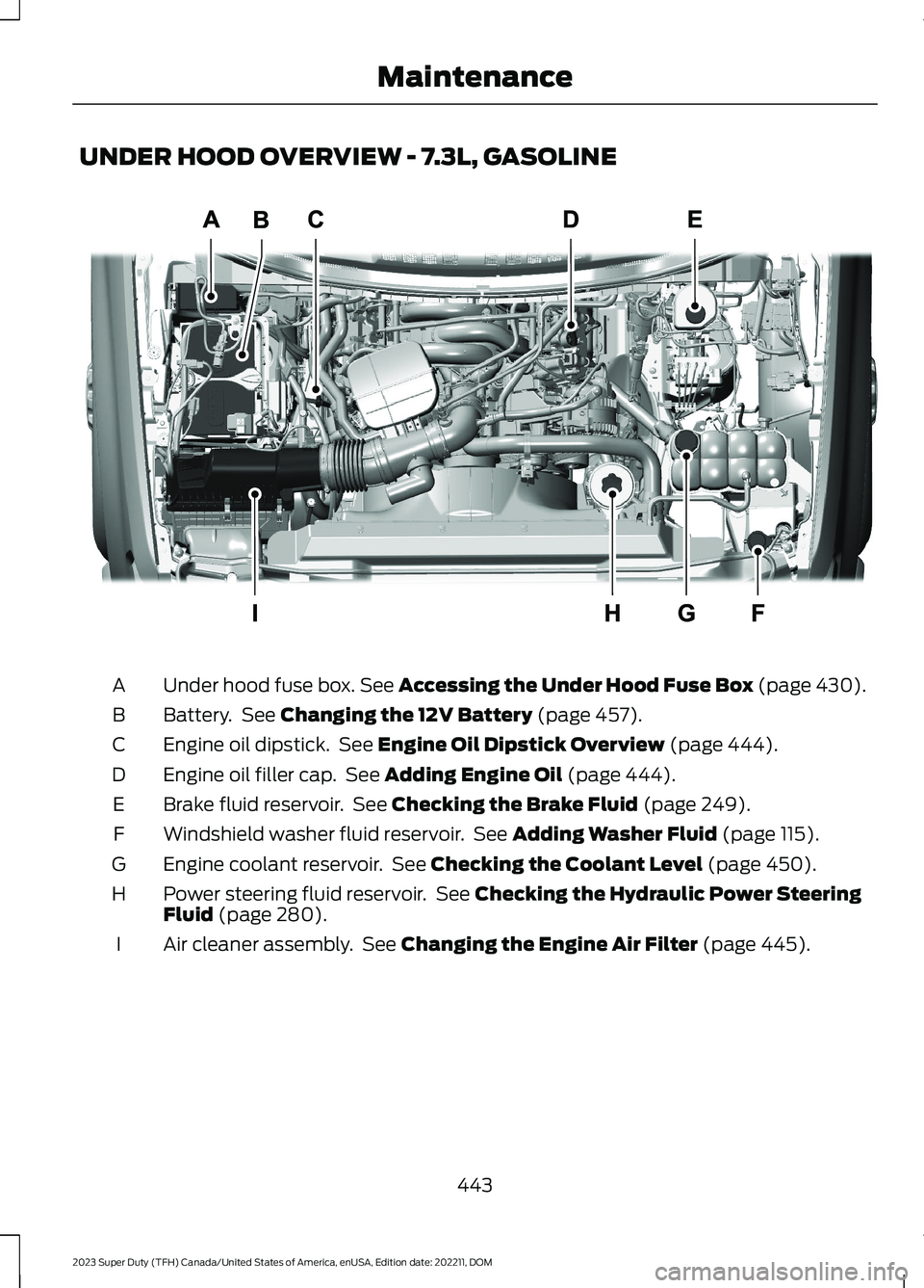 FORD SUPER DUTY 2023  Owners Manual UNDER HOOD OVERVIEW - 7.3L, GASOLINE
Under hood fuse box. See Accessing the Under Hood Fuse Box (page 430).A
Battery. See Changing the 12V Battery (page 457).B
Engine oil dipstick. See Engine Oil Dips