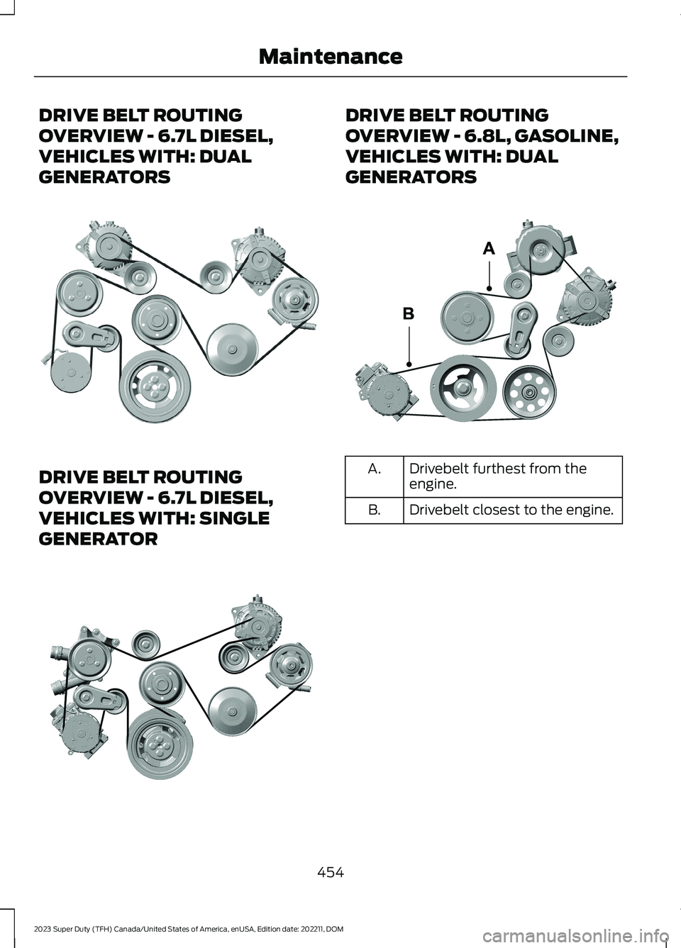 FORD SUPER DUTY 2023  Owners Manual DRIVE BELT ROUTING
OVERVIEW - 6.7L DIESEL,
VEHICLES WITH: DUAL
GENERATORS
DRIVE BELT ROUTING
OVERVIEW - 6.7L DIESEL,
VEHICLES WITH: SINGLE
GENERATOR
DRIVE BELT ROUTING
OVERVIEW - 6.8L, GASOLINE,
VEHIC