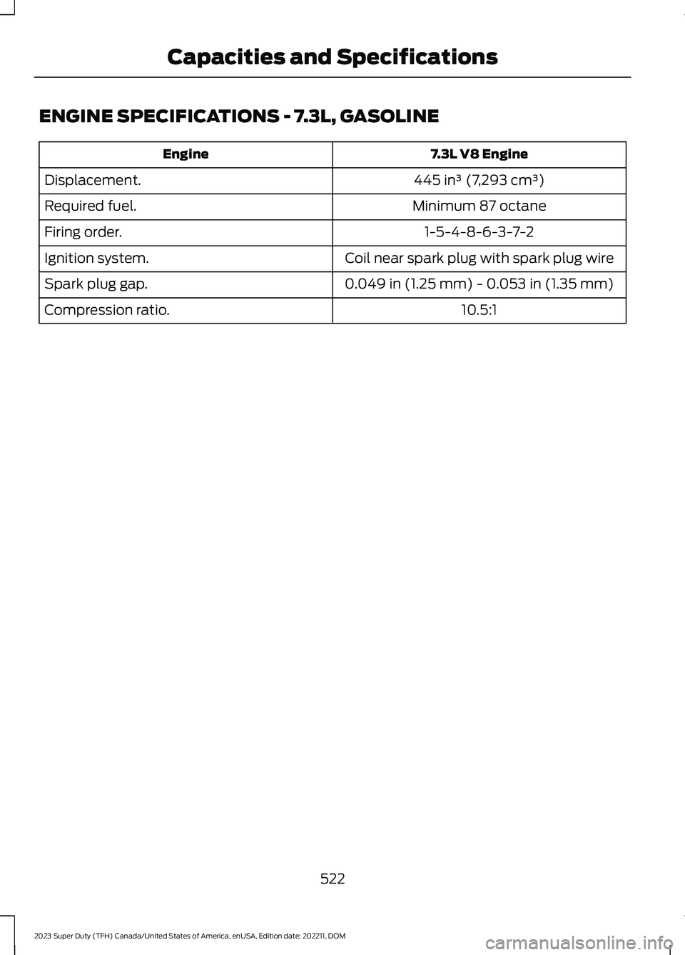 FORD SUPER DUTY 2023  Owners Manual ENGINE SPECIFICATIONS - 7.3L, GASOLINE
7.3L V8 EngineEngine
445 in³ (7,293 cm³)Displacement.
Minimum 87 octaneRequired fuel.
1-5-4-8-6-3-7-2Firing order.
Coil near spark plug with spark plug wireIgn