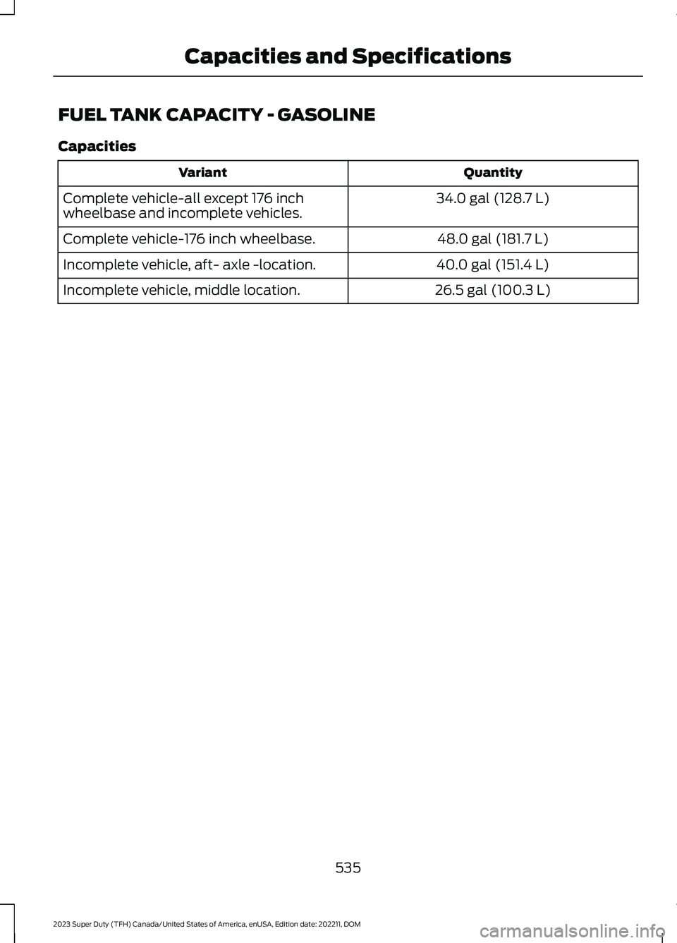 FORD SUPER DUTY 2023  Owners Manual FUEL TANK CAPACITY - GASOLINE
Capacities
QuantityVariant
34.0 gal (128.7 L)Complete vehicle-all except 176 inchwheelbase and incomplete vehicles.
48.0 gal (181.7 L)Complete vehicle-176 inch wheelbase.