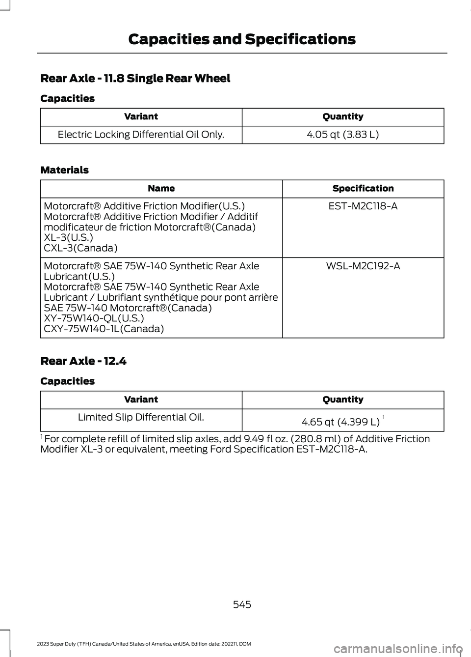 FORD SUPER DUTY 2023  Owners Manual Rear Axle - 11.8 Single Rear Wheel
Capacities
QuantityVariant
4.05 qt (3.83 L)Electric Locking Differential Oil Only.
Materials
SpecificationName
EST-M2C118-AMotorcraft® Additive Friction Modifier(U.