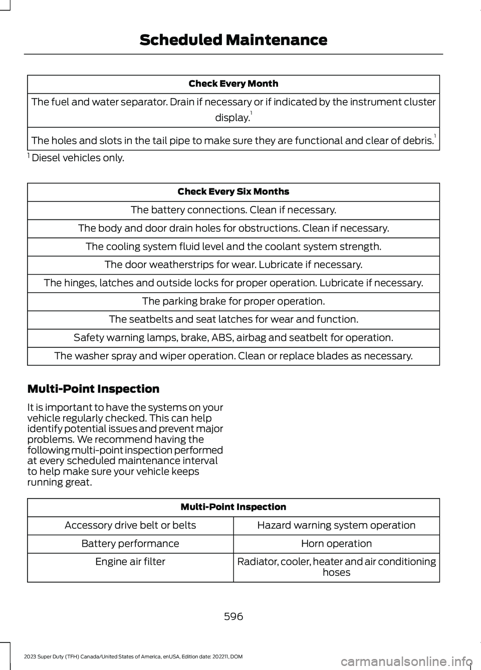 FORD SUPER DUTY 2023 Owners Manual Check Every Month
The fuel and water separator. Drain if necessary or if indicated by the instrument cluster
display.1
The holes and slots in the tail pipe to make sure they are functional and clear o FORD SUPER DUTY 2023 Owners Manual Check Every Month
The fuel and water separator. Drain if necessary or if indicated by the instrument cluster
display.1
The holes and slots in the tail pipe to make sure they are functional and clear o
