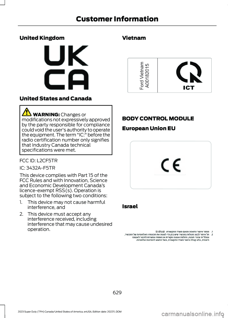 FORD SUPER DUTY 2023  Owners Manual United Kingdom
United States and Canada
WARNING: Changes ormodifications not expressively approvedby the party responsible for compliancecould void the user's authority to operatethe equipment. Th