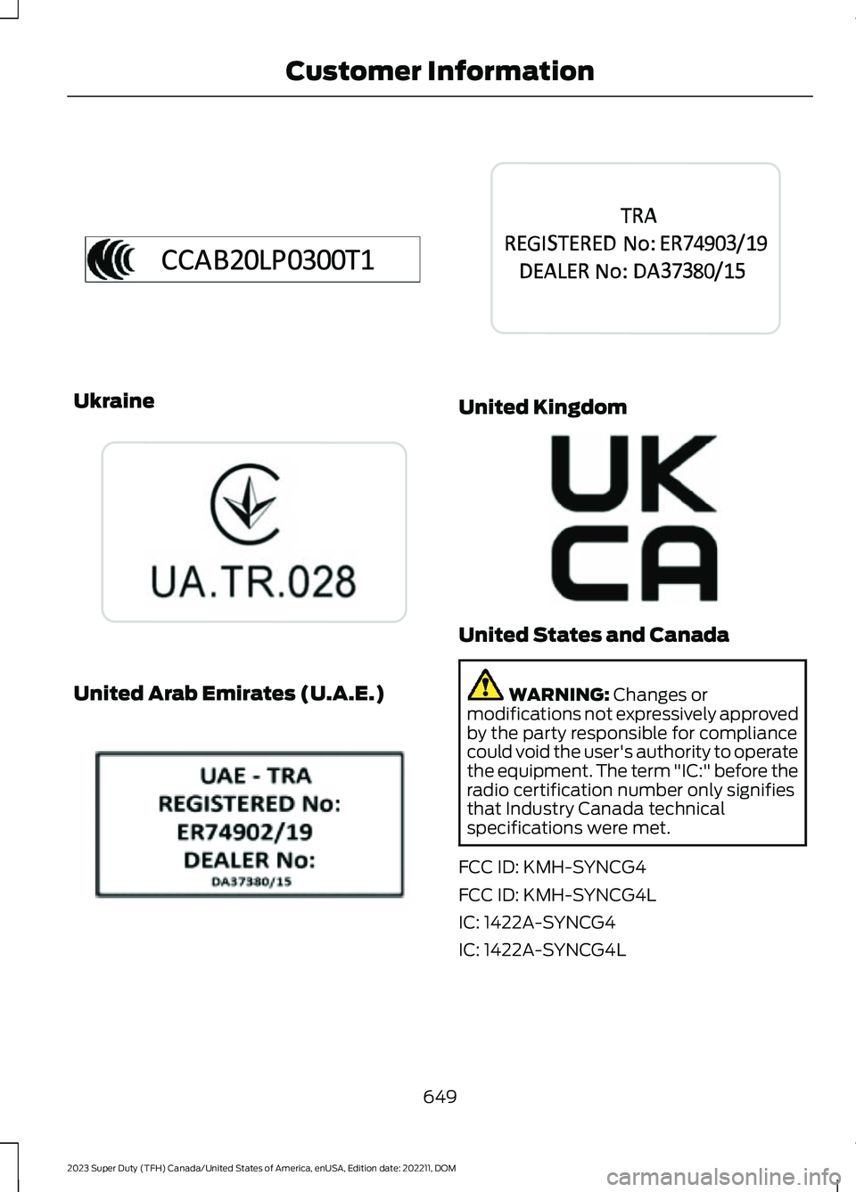 FORD SUPER DUTY 2023  Owners Manual Ukraine
United Arab Emirates (U.A.E.)
United Kingdom
United States and Canada
WARNING: Changes ormodifications not expressively approvedby the party responsible for compliancecould void the user's
