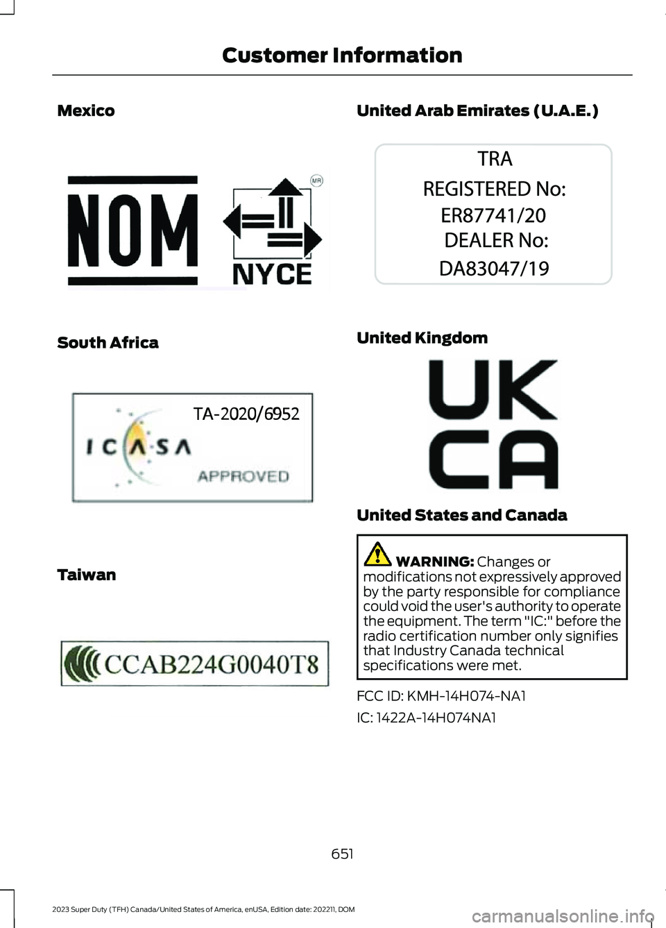 FORD SUPER DUTY 2023  Owners Manual Mexico
South Africa
Taiwan
United Arab Emirates (U.A.E.)
United Kingdom
United States and Canada
WARNING: Changes ormodifications not expressively approvedby the party responsible for compliancecould 