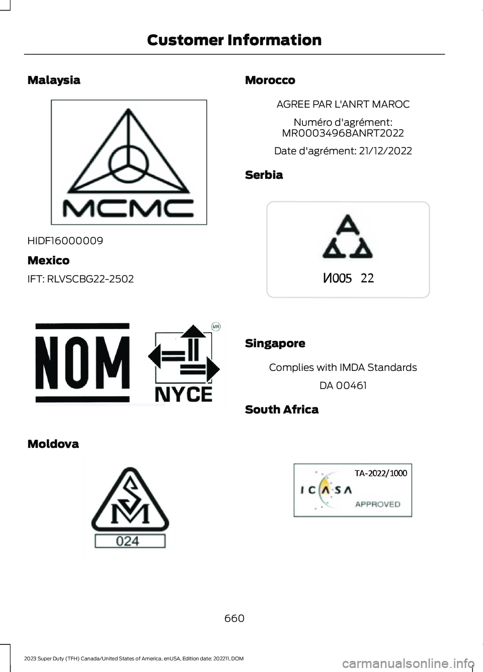 FORD SUPER DUTY 2023  Owners Manual Malaysia
HIDF16000009
Mexico
IFT: RLVSCBG22-2502
Moldova
Morocco
AGREE PAR L'ANRT MAROC
Numéro d'agrément:MR00034968ANRT2022
Date d'agrément: 21/12/2022
Serbia
Singapore
Complies with I