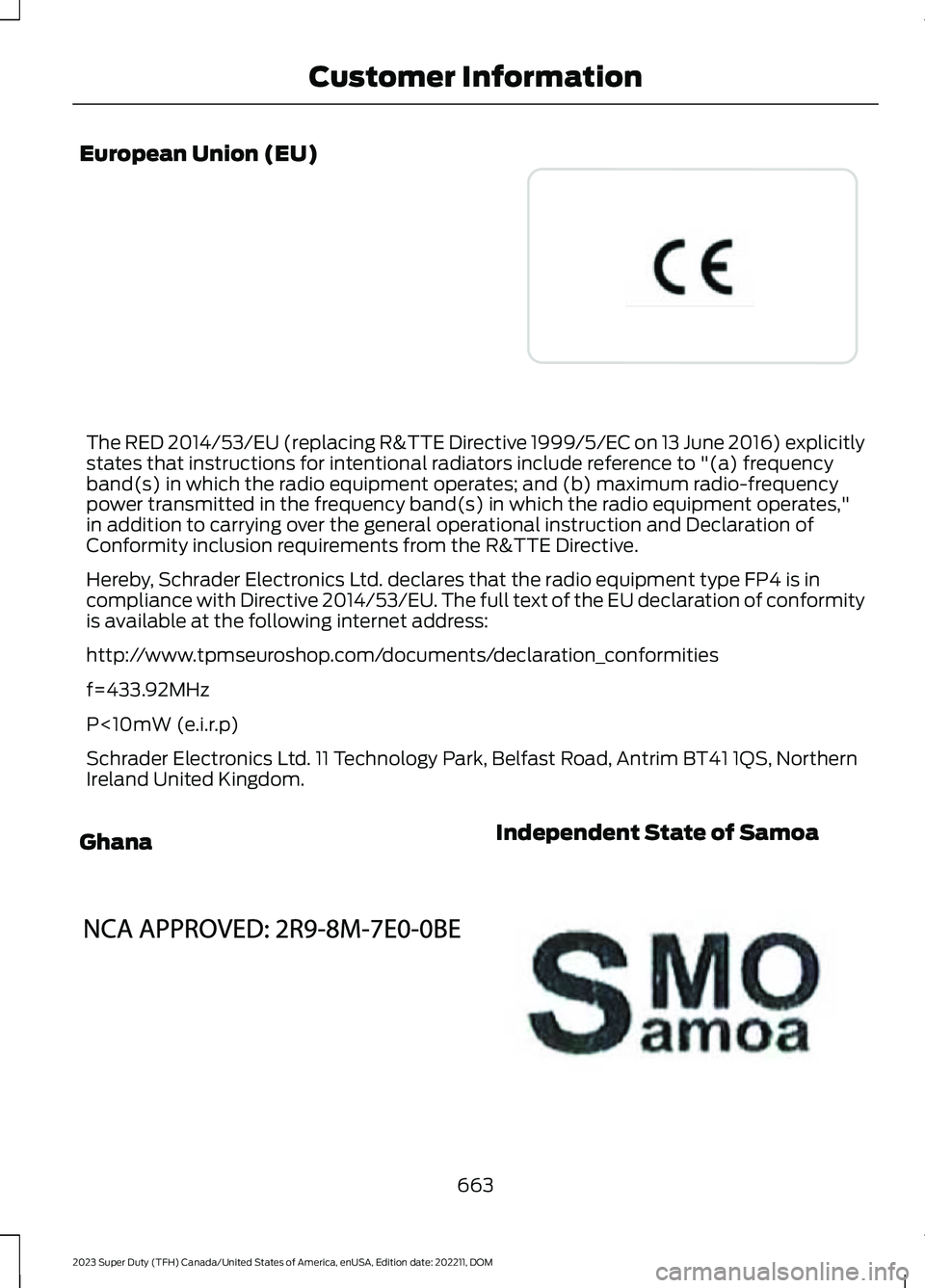 FORD SUPER DUTY 2023 Owners Manual European Union (EU)
The RED 2014/53/EU (replacing R&TTE Directive 1999/5/EC on 13 June 2016) explicitlystates that instructions for intentional radiators include reference to "(a) frequencyband(s) FORD SUPER DUTY 2023 Owners Manual European Union (EU)
The RED 2014/53/EU (replacing R&TTE Directive 1999/5/EC on 13 June 2016) explicitlystates that instructions for intentional radiators include reference to "(a) frequencyband(s)