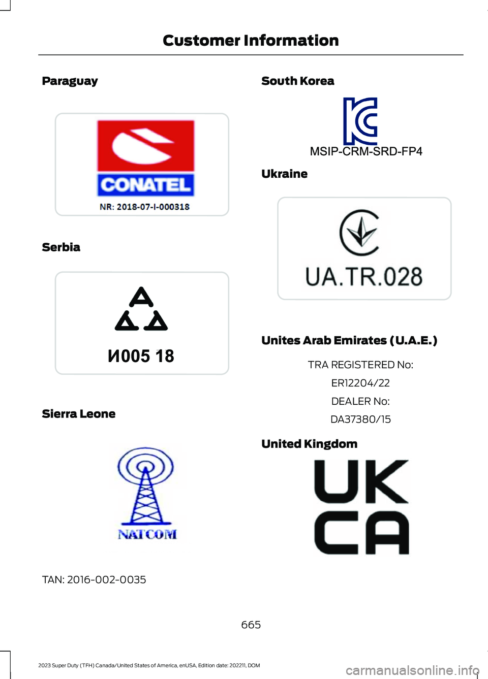 FORD SUPER DUTY 2023  Owners Manual Paraguay
Serbia
Sierra Leone
TAN: 2016-002-0035
South Korea
Ukraine
Unites Arab Emirates (U.A.E.)
TRA REGISTERED No:
ER12204/22
DEALER No:
DA37380/15
United Kingdom
665
2023 Super Duty (TFH) Canada/Un