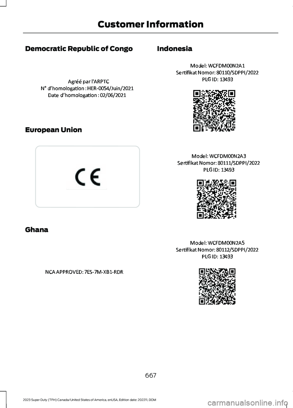 FORD SUPER DUTY 2023  Owners Manual Democratic Republic of Congo
European Union
Ghana
Indonesia
667
2023 Super Duty (TFH) Canada/United States of America, enUSA, Edition date: 202211, DOMCustomer InformationE370174  E310043  E364756  E3
