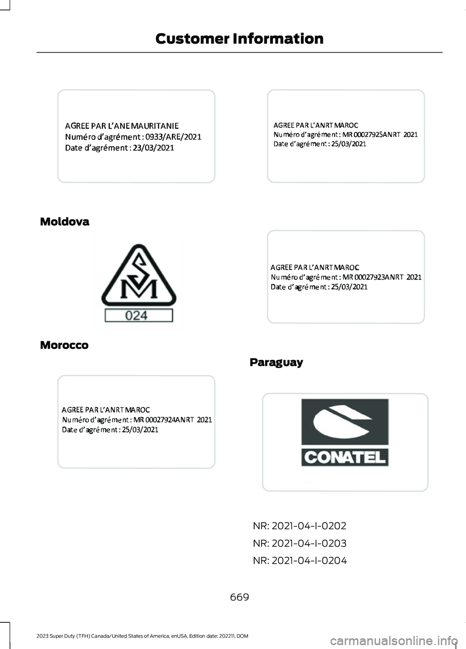 FORD SUPER DUTY 2023  Owners Manual Moldova
Morocco
Paraguay
NR: 2021-04-I-0202
NR: 2021-04-I-0203
NR: 2021-04-I-0204
669
2023 Super Duty (TFH) Canada/United States of America, enUSA, Edition date: 202211, DOMCustomer InformationE364763