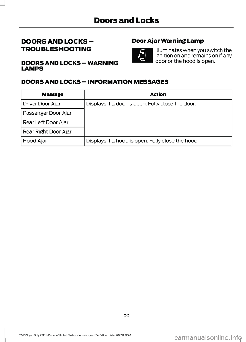FORD SUPER DUTY 2023  Owners Manual DOORS AND LOCKS –
TROUBLESHOOTING
DOORS AND LOCKS – WARNINGLAMPS
Door Ajar Warning Lamp
Illuminates when you switch theignition on and remains on if anydoor or the hood is open.
DOORS AND LOCKS 
