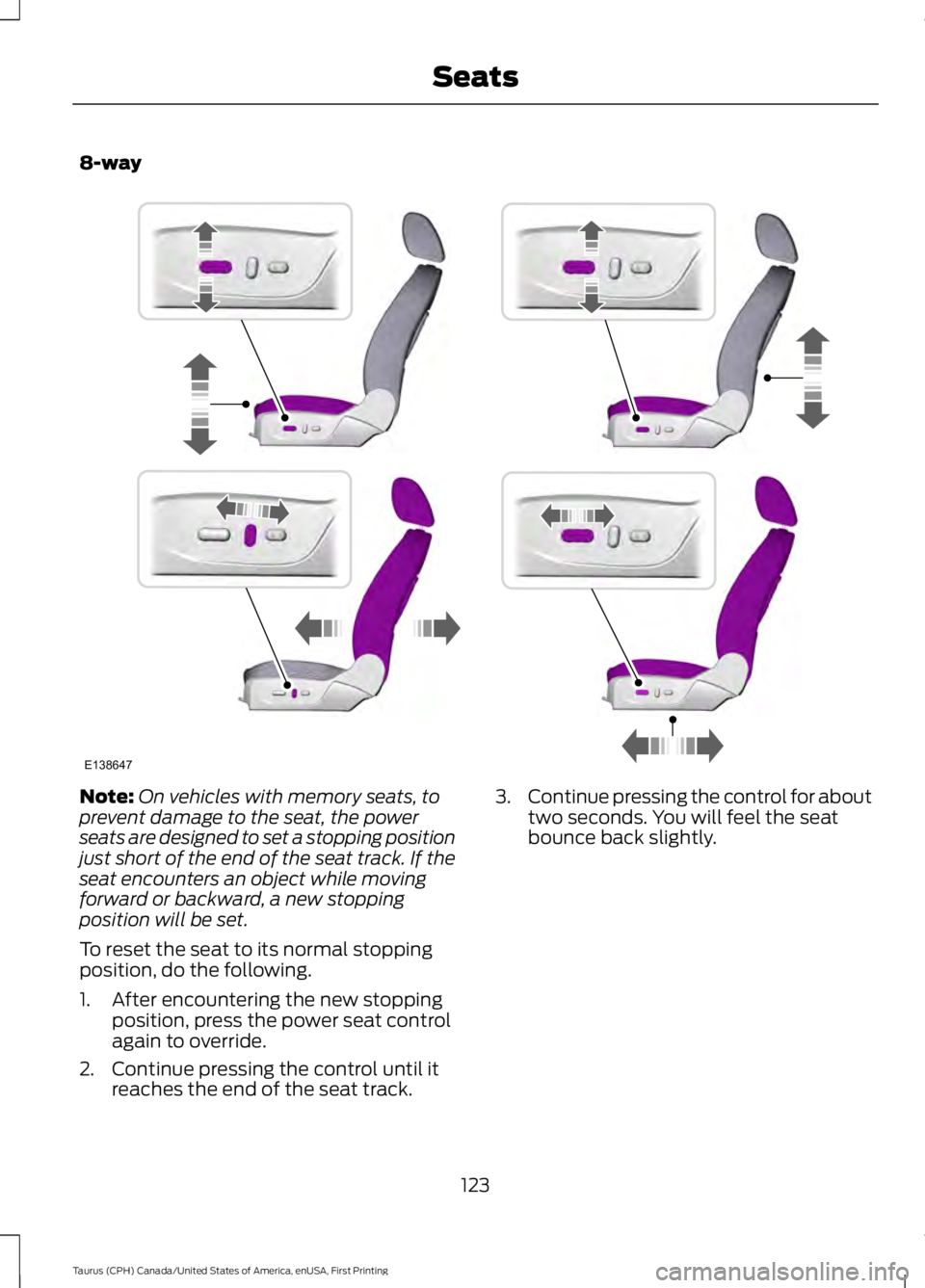 FORD TAURUS 2017  Owners Manual 8-way
Note:On vehicles with memory seats, toprevent damage to the seat, the powerseats are designed to set a stopping positionjust short of the end of the seat track. If theseat encounters an object w