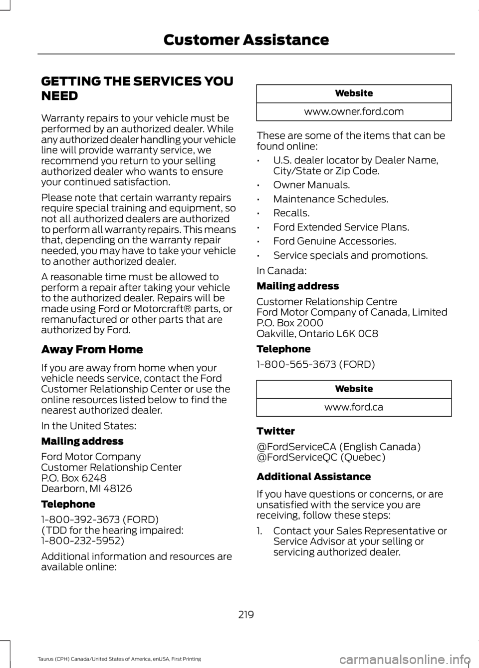FORD TAURUS 2017 Owners Manual GETTING THE SERVICES YOU
NEED
Warranty repairs to your vehicle must beperformed by an authorized dealer. Whileany authorized dealer handling your vehicleline will provide warranty service, werecommend FORD TAURUS 2017 Owners Manual GETTING THE SERVICES YOU
NEED
Warranty repairs to your vehicle must beperformed by an authorized dealer. Whileany authorized dealer handling your vehicleline will provide warranty service, werecommend