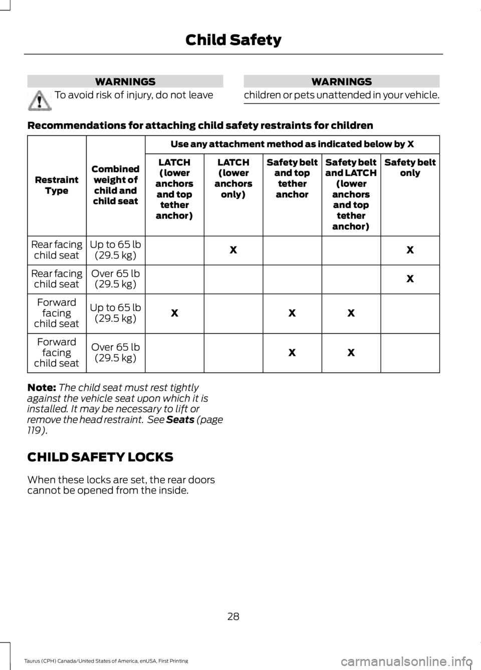 FORD TAURUS 2017  Owners Manual WARNINGS
To avoid risk of injury, do not leave
WARNINGS
children or pets unattended in your vehicle.
Recommendations for attaching child safety restraints for children
Use any attachment method as ind