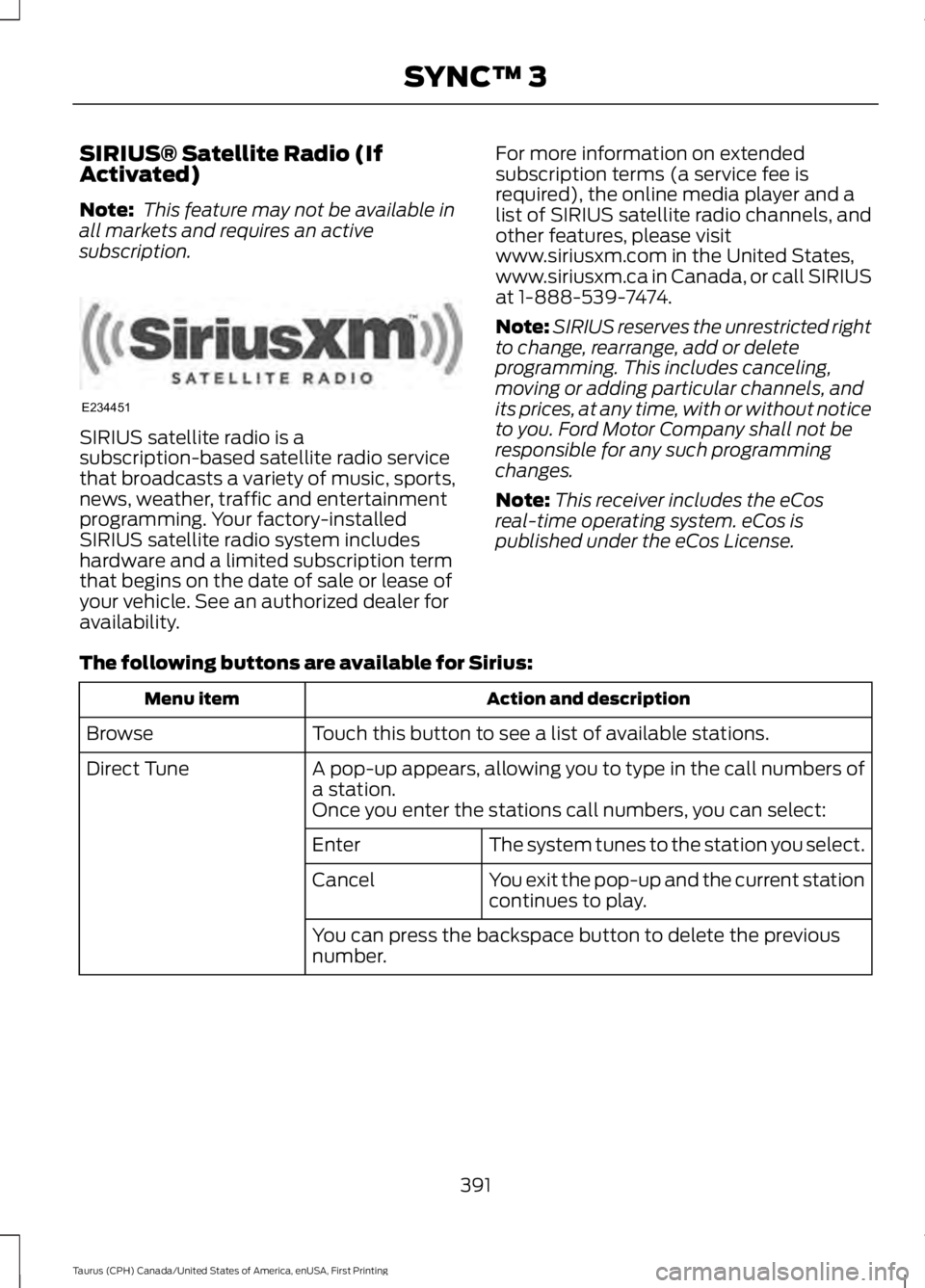 FORD TAURUS 2017 Owners Manual SIRIUS® Satellite Radio (IfActivated)
Note: This feature may not be available inall markets and requires an activesubscription.
SIRIUS satellite radio is asubscription-based satellite radio serviceth FORD TAURUS 2017 Owners Manual SIRIUS® Satellite Radio (IfActivated)
Note: This feature may not be available inall markets and requires an activesubscription.
SIRIUS satellite radio is asubscription-based satellite radio serviceth