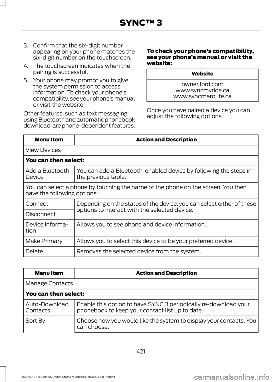 FORD TAURUS 2017 Owners Manual 3. Confirm that the six-digit numberappearing on your phone matches thesix-digit number on the touchscreen.
4. The touchscreen indicates when thepairing is successful.
5. Your phone may prompt you to FORD TAURUS 2017 Owners Manual 3. Confirm that the six-digit numberappearing on your phone matches thesix-digit number on the touchscreen.
4. The touchscreen indicates when thepairing is successful.
5. Your phone may prompt you to