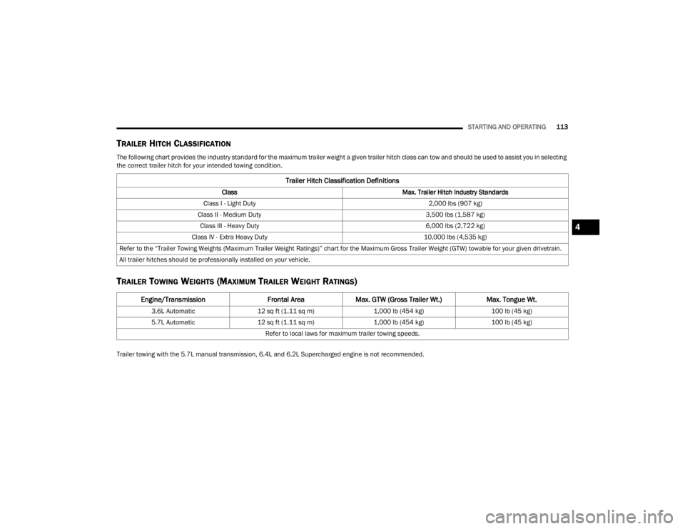 DODGE CHALLENGER 2021  Owners Manual 
STARTING AND OPERATING113
TRAILER HITCH CLASSIFICATION
The following chart provides the industry standard for the maximum trailer weight a given trailer hitch class can tow and should be used to assi