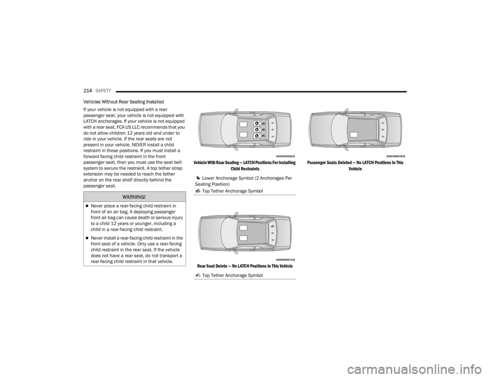 DODGE CHALLENGER 2021  Owners Manual 
214SAFETY  
Vehicles Without Rear Seating Installed
If your vehicle is not equipped with a rear 
passenger seat, your vehicle is not equipped with 
LATCH anchorages. If your vehicle is not equipped 
