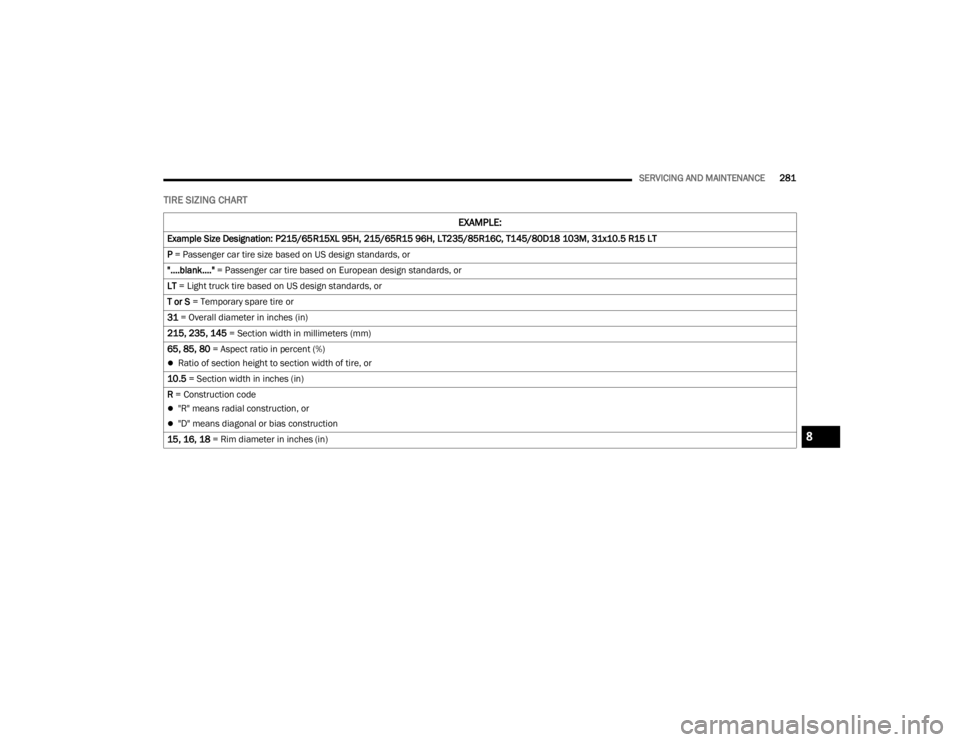 DODGE CHALLENGER 2021  Owners Manual 
SERVICING AND MAINTENANCE281
TIRE SIZING CHART 
EXAMPLE:
Example Size Designation: P215/65R15XL 95H, 215/65R15 96H, LT235/85R16C, T145/80D18 103M, 31x10.5 R15 LT
P = Passenger car tire size based on 