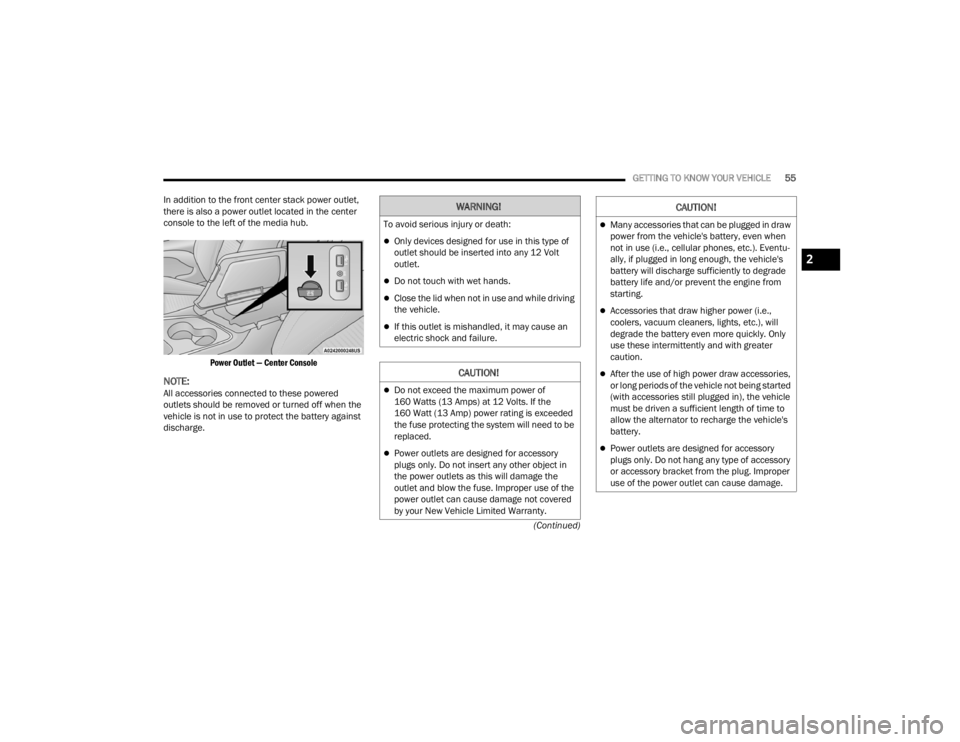 DODGE CHALLENGER 2021  Owners Manual 
GETTING TO KNOW YOUR VEHICLE55
(Continued)
In addition to the front center stack power outlet, 
there is also a power outlet located in the center 
console to the left of the media hub.

Power Outlet