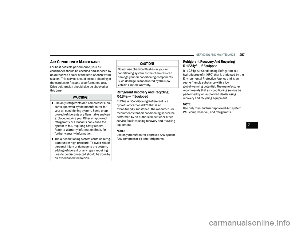 DODGE CHALLENGER 2020  Owners Manual 
SERVICING AND MAINTENANCE257
AIR CONDITIONER MAINTENANCE   
For best possible performance, your air 
conditioner should be checked and serviced by 
an authorized dealer at the start of each warm 
sea