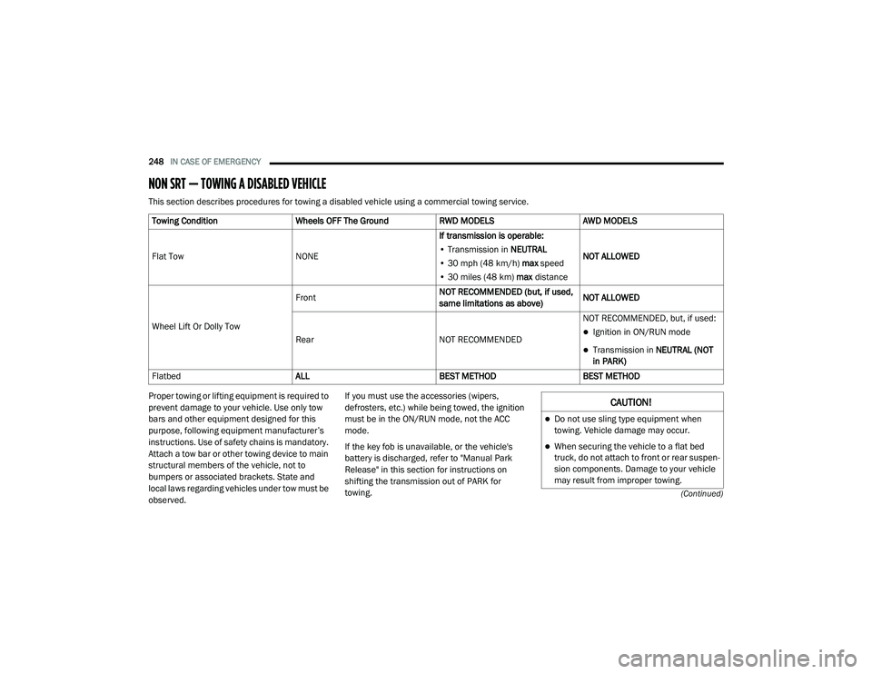 DODGE CHARGER 2020  Owners Manual 
248IN CASE OF EMERGENCY  
(Continued)
NON SRT — TOWING A DISABLED VEHICLE
This section describes procedures for towing a disabled vehicle using a commercial towing service.
Proper towing or lifting