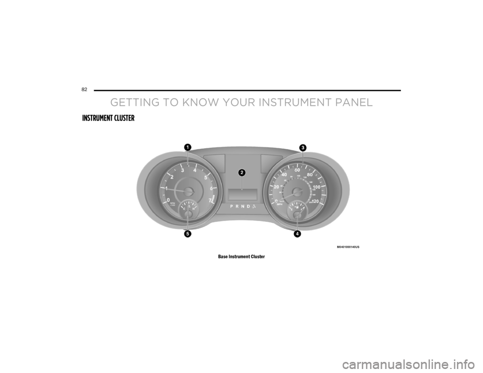 DODGE GRAND CARAVAN 2020  Owners Manual 
82  
GETTING TO KNOW YOUR INSTRUMENT PANEL
INSTRUMENT CLUSTER 
Base Instrument Cluster

20_RT_OM_EN_USC_t.book  Page 82   