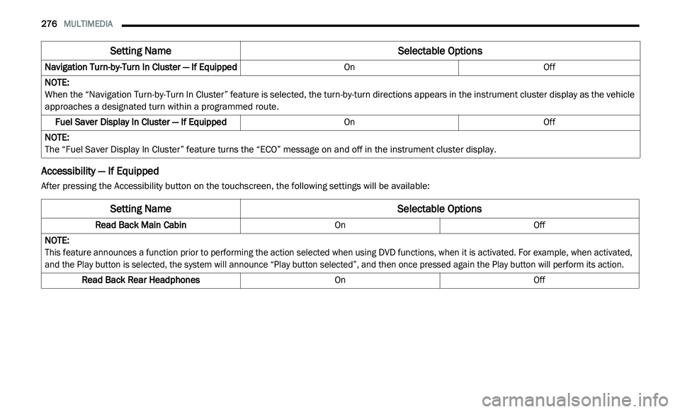 DODGE JOURNEY 2020  Owners Manual 
276   MULTIMEDIA     
Accessibility — If Equipped
After pressing the Accessibility button on the touchscreen, the following settings will be available:Navigation Turn-by-Turn In Cluster — If Equi