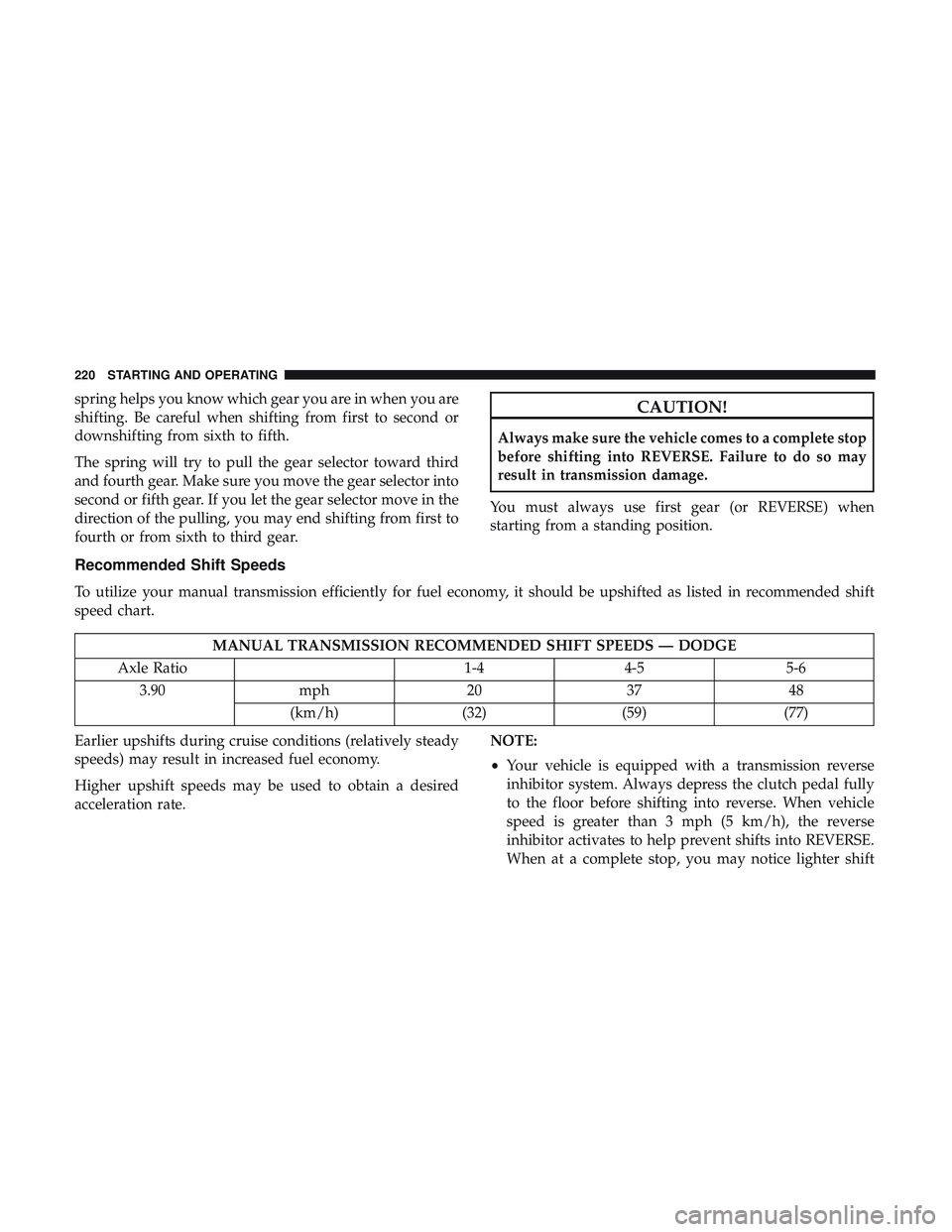 DODGE CHALLENGER 2019 Owners Manual spring helps you know which gear you are in when you are
shifting. Be careful when shifting from first to second or
downshifting from sixth to fifth.
The spring will try to pull the gear selector towa DODGE CHALLENGER 2019 Owners Manual spring helps you know which gear you are in when you are
shifting. Be careful when shifting from first to second or
downshifting from sixth to fifth.
The spring will try to pull the gear selector towa